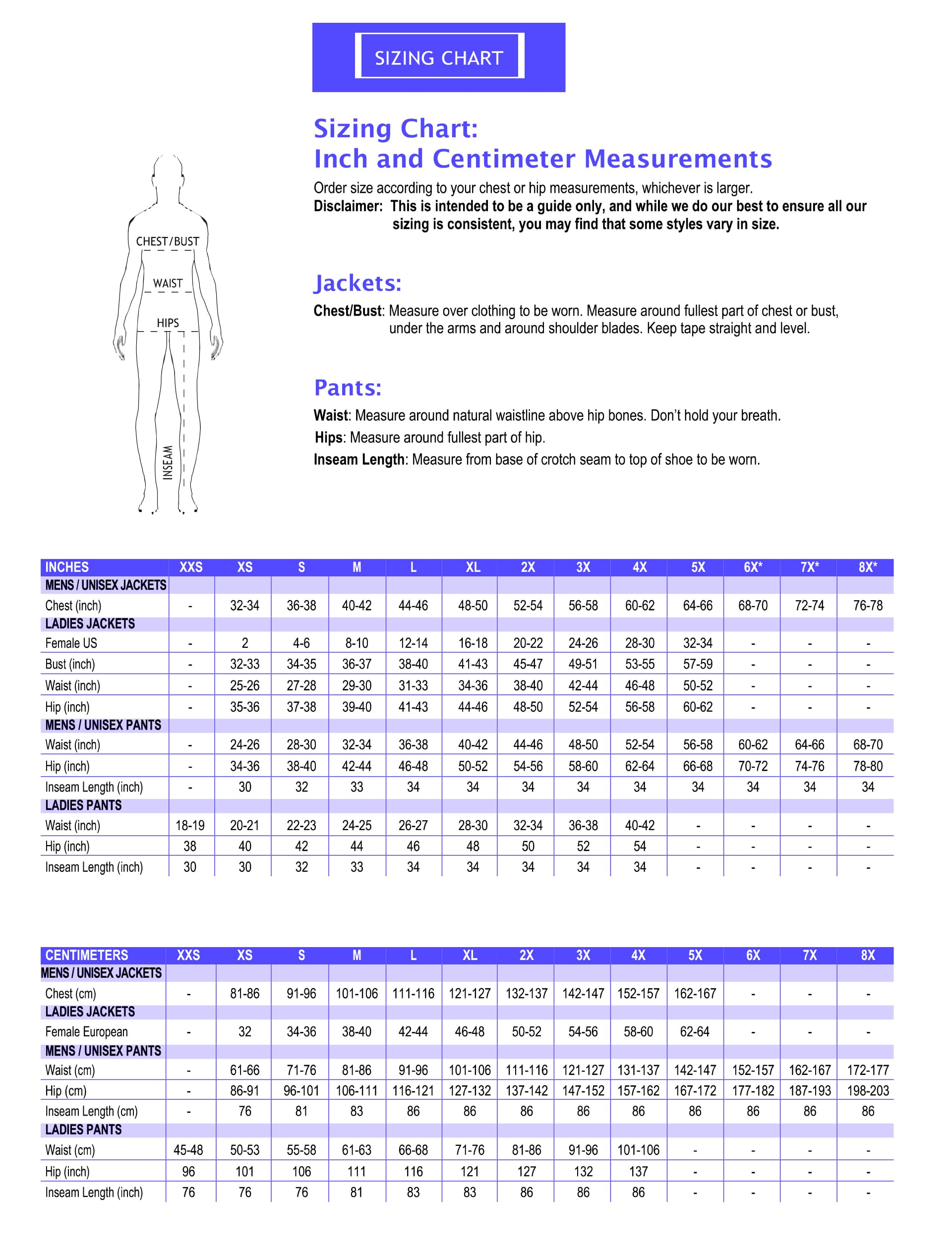 Best sizing chart for professional ecommerce product images