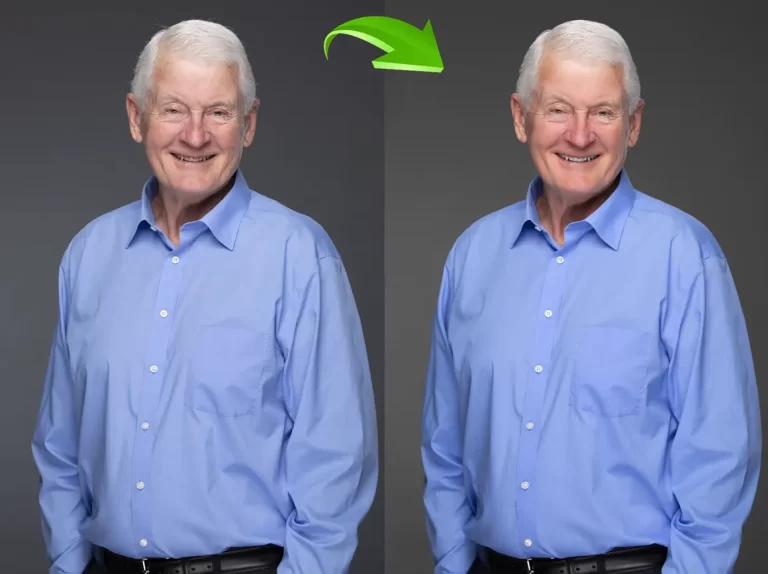 Clear and polished headshot retouching with smooth skin and natural lighting