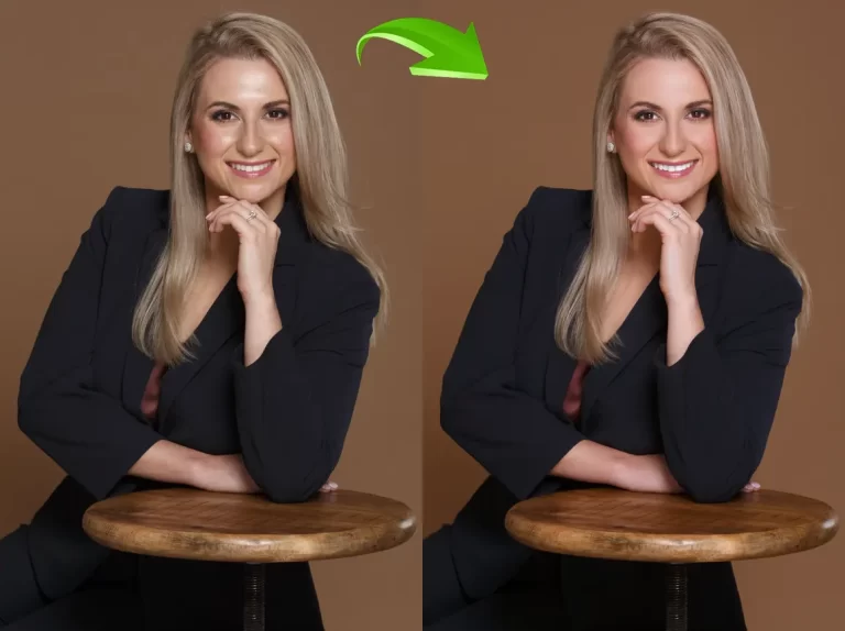 Professional headshot retouching with skin smoothing and natural tones