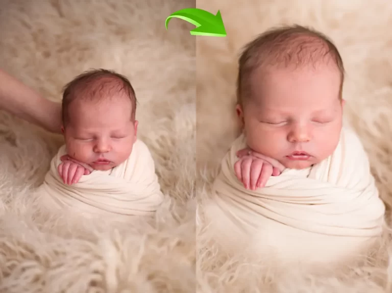 Gentle newborn photo retouching with soft skin texture and natural lighting