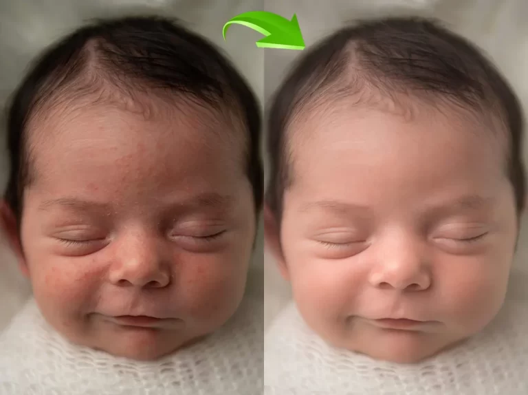 Gentle newborn photo retouching with smooth skin and natural tones