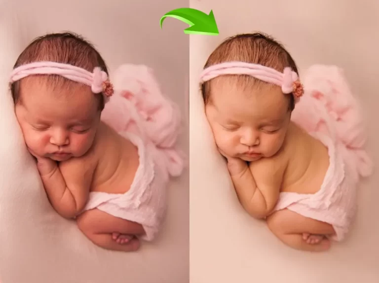Professional newborn photo retouching with delicate skin smoothing and color balance
