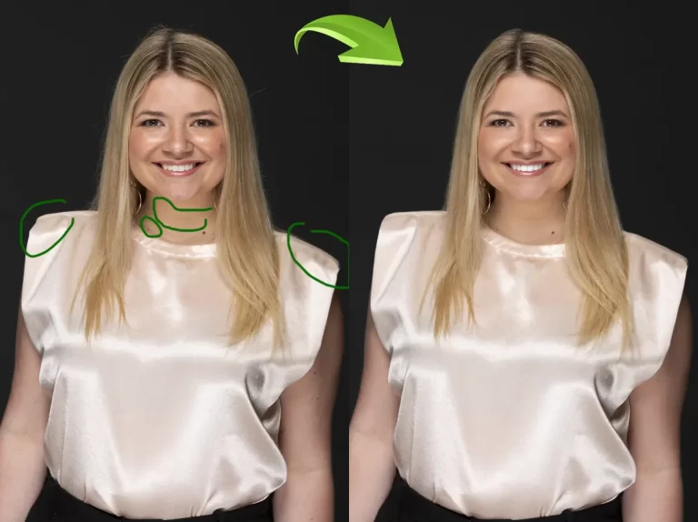 Clear and refined portrait retouching with smooth skin and balanced lighting