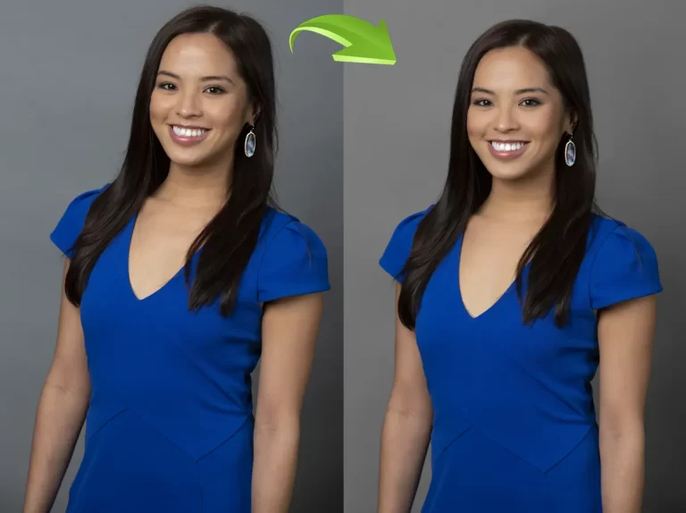 Professional portrait retouching with flawless skin and balanced color tones